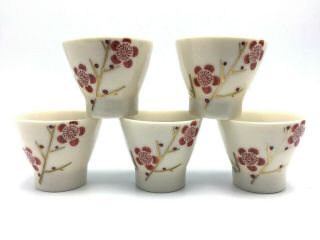 Vintage Set Of 5 Vintage Ceramic Porcelain Sake / Tea Cups Ivory Red Gold Euc