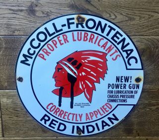 Red Indian Mccoll Frontenac Products Porcelain Oil Gas Pump Plate 12”