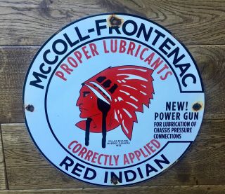 Red Indian McColl Frontenac Products Porcelain Oil Gas Pump Plate 12” 2