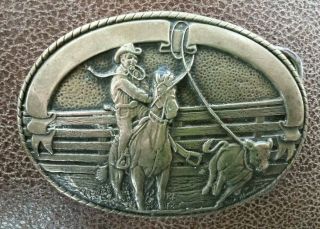 Vtg Tony Lama Brass Calf Roping Penning Western American Cowboy Belt Buckle