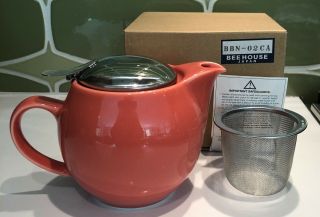 Bee House Tea Pot Orange Ceramic Metal Japan Removable Infuser Strainer