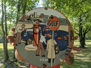 Old Vintage 1938 Gulf Gasoline Fuel Oil Porcelain Gas Pump Sign Great Colors