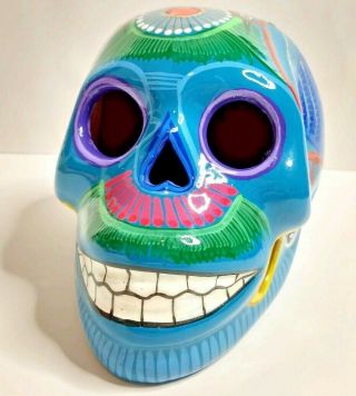 Day Of The Dead Clay Ceramic " Sugar " Skull - Hand Painted Blue Creepy
