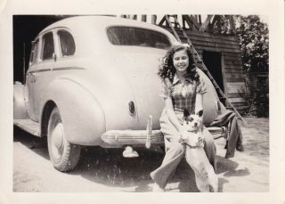 Vintage Photo - Cute Young Girl W/terrier Dog On Bumper Of 1940 