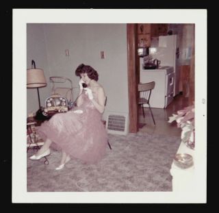 Young Woman On Telephone In Tulle Pink Fluffy Gown For Prom.  Vintage Snapshot.