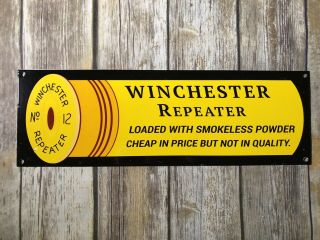 Vintage Winchester Repeater Bullet Porcelain Metal Gas & Oil Gun & Ammo Ad Sign