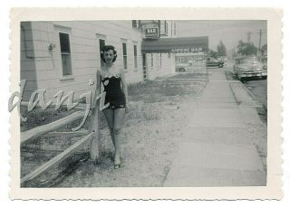 Shapely Swimsuit Girl In High Heels By Cars By Ampere Hotel And Bar Old Photo