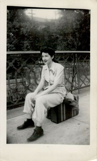 Vintage Photograph 1940s Woman Suitcase Travel Fashion Americana
