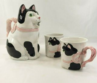 Vintage Fitz & Floyd Cat With Bow Pitcher & Matching Mugs 1983