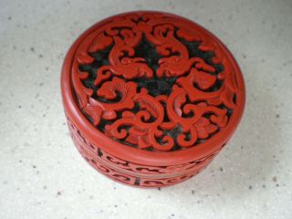 Vintage Chinese Red Cinnabar Round Box With Blue Enamel