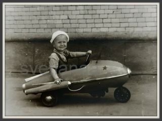 1960s Kids Toys Pedal Car Space Rocket Little Boy Spaceman Soviet Vintage Photo