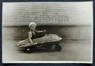 1960s KIDS TOYS Pedal car SPACE ROCKET Little boy SPACEMAN Soviet vintage photo 2