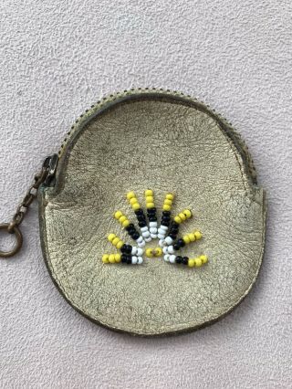 Vintage Native American Indian Beaded Leather Round Coin Purse