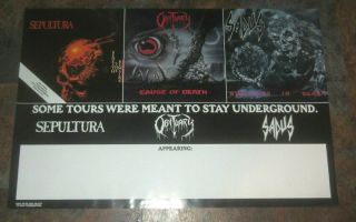 Sepultura Obituary Sadus 24 " X 36 " Vintage 1990 Tour Promo Poster