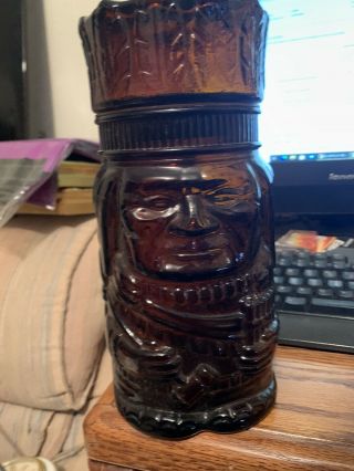Vintage Brown Glass Indian Chief Tobacco Jar Humidor