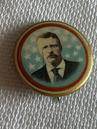 Vintage Pinback Button Teddy Roosevelt Photo Headshot Pin 1 1/8 " N 210