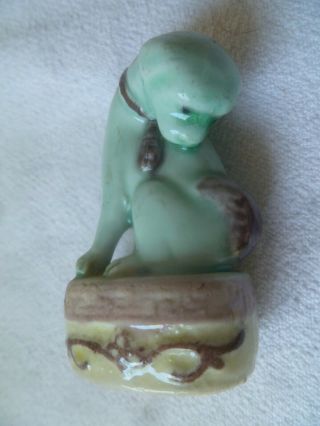 Vintage Small Chinese Celadon Green Turquoise Glaze Porcelain Dog Figurine