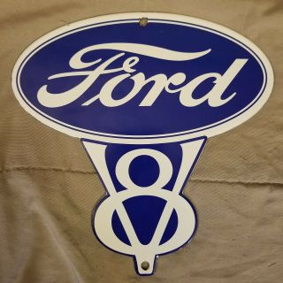 Vintage " Ford V8 Cars & Trucks " 8 " Porcelain Metal Gasoline & Oil Door Push Sign