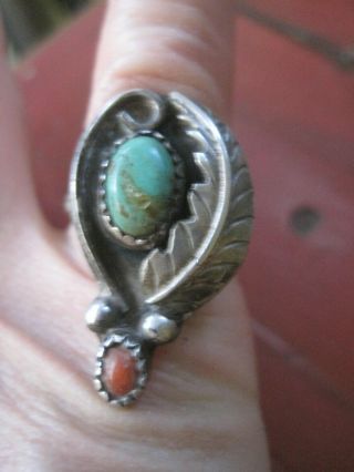 Old Pawn Vintage Navajo Native Sterling Silver Turquoise Coral Ring Size 9