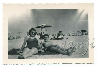 Swimsuit Couple On A Beach Blanket With Feet In The Camera Old Photo