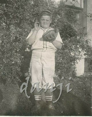 Chubby Baseball Player In Uniform Mitt On Hand Ready To Catch A Ball Old Photo