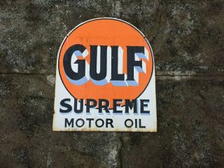 Porcelain Gulf Supreme Motor Oil Enamel Sign Size 21 " X 25 " Double Sided