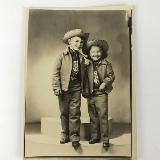Vintage Black And White Photo Little Boy Girl Western Cowboy Cowgirl Costumes