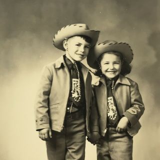 Vintage Black and White Photo Little Boy Girl Western Cowboy Cowgirl Costumes 2