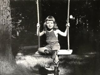 Little Girl In Cowboy Boots Wooden Swing Photograph 1940’s Black White Snapshot