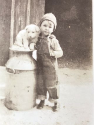 Little Boy With Puppy On Milk Can Photograph 1940’s Black White Snapshot