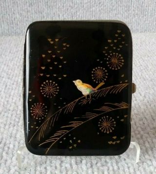 Vintage Japanese Black Lacquer Cigarette Case Mother Of Pearl Bird Inlay Gilded