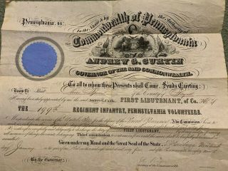 Vellum Commission Signed By The Governor,  Oliver Sproul,  199th Pennsylvania 1865