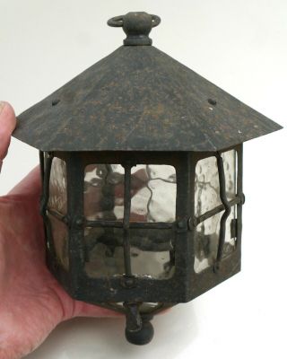 Orig Vintage Gothic Style Wrought Iron & Glass Porch /hall Lantern Light Fixture