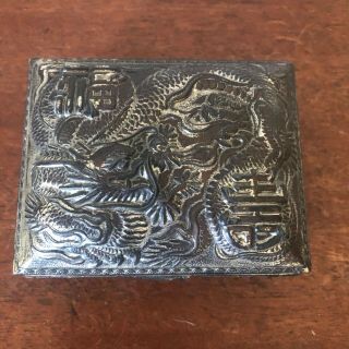 Vintage Dragon Silver Plate Trinket Cigarette Box Hinged Lid Wood Lined Japan