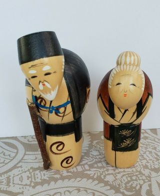 Vintage Japanese Kokeshi Old Man & Woman Wooden Wood Dolls Japan Doll Decor