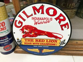 " Gilmore Gasoline " Porcelain Advertising Sign,  (dated 1952),  Near,  12 " Inch