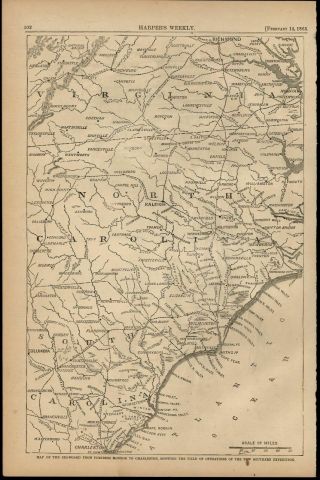 North & South Carolina Virginia Coast 1863 Civil War Wood Engraved Map