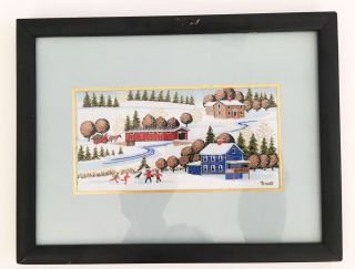 Vintage Micro Embroidery Framed Picture Decor Winter Christmas