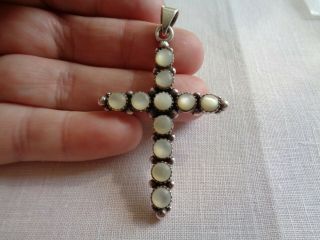 Large Vintage Sterling Silver Mother Of Pearl Cross Pendant