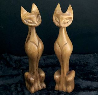 2 Vintage Mid Century Modern Carved Wood Siamese Cats Figurines 10” Feline Pair