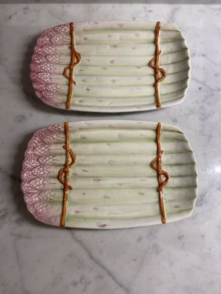 2 Vintage Hand Painted Italian Asparagus Serving Plates 8 3/4” X 5 1/2