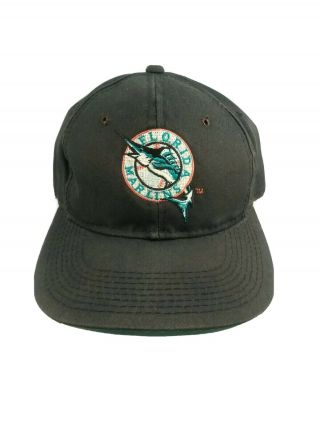 Vintage 90s Florida Marlins Mlb Snapback Hat Cap Faded Black Vtg Logo Adjustable