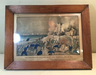 19th Cent Currier And Ives Print Bombardment And Capture Of Ft.  Fisher Framed