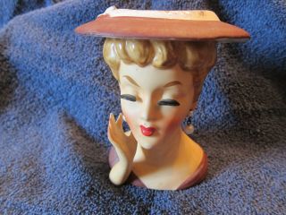 Vintage Lee Wards Ceramic Victorian Lady Wearing Pearls And Brown Hat Head Vase