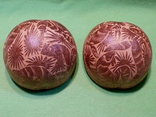 Set Of 2 Vintage Hand Carved / Hand Etched Coconut Shells With Furry Animals.