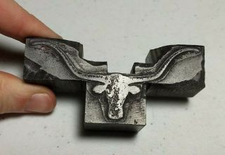 Vintage Letterpress Printing Block Steer Or Bull With Long Horns All Metal Heavy