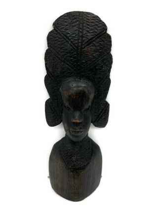 Vintage African Tribal Statue Ebony Wood Hand Carved Tall Crown Figurine 6.  75”