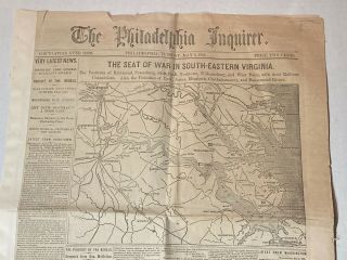 Seat Of War In South - Eastern Virginia 1862 Civil War Newspaper/map Phil Inquirer