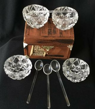 Vintage Set 4 Bohemia Glass Crystal Salt Cellars/caviar Dishes W/ 4 Spoons
