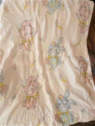 Vintage 50s Baby Quilted Blanket Bunny Rabbits Pink And Blue 32x40